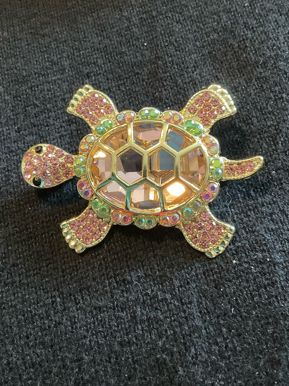Sparkling Sea Turtle Brooch Gold Tone Pink & Aurora Borealis Rhinestone Pin